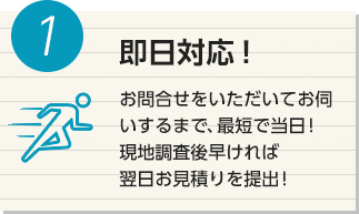 1 即日対応！ お問合せをいただいてお伺いするまで、最短で当日！現地調査後早ければ翌日お見積りを提出！